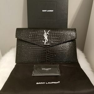 Saint Laurent Black Croc Uptown Envelope Pouch